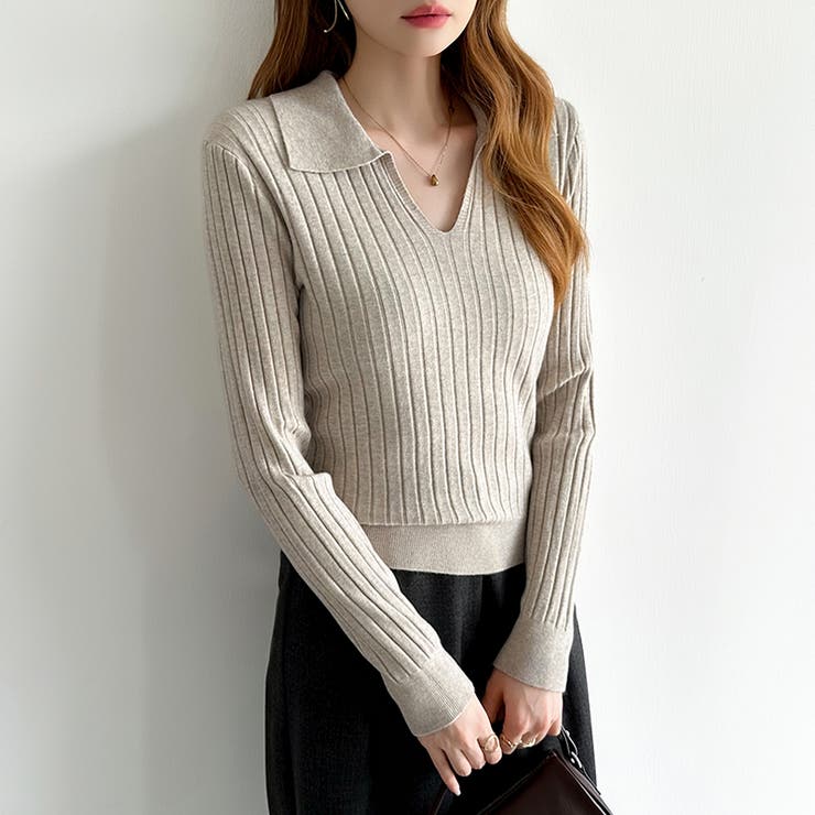 スキッパーニットトップス リブニット 韓国ファッション | COCOMOMO | 詳細画像12 