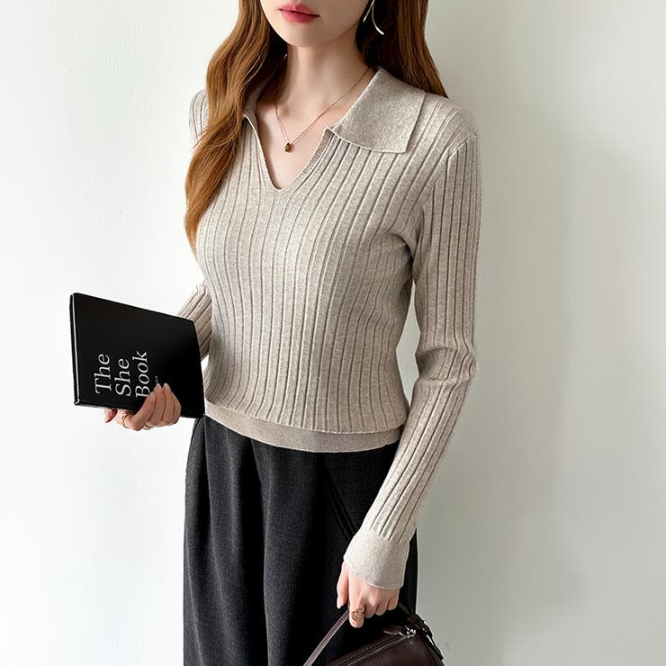 スキッパーニットトップス リブニット 韓国ファッション | COCOMOMO | 詳細画像13 