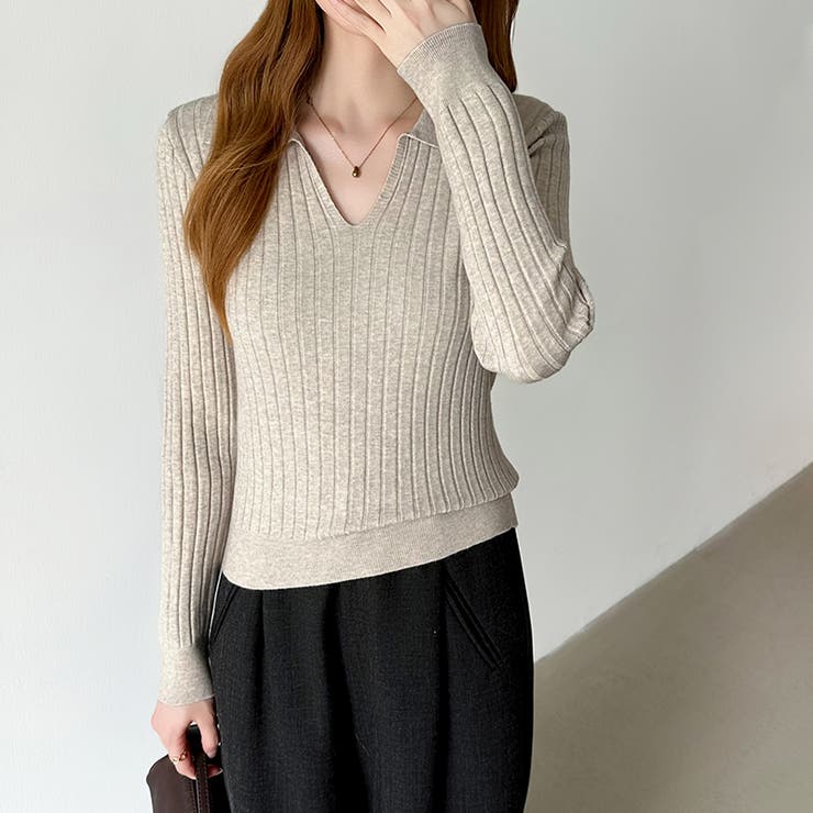 スキッパーニットトップス リブニット 韓国ファッション | COCOMOMO | 詳細画像14 