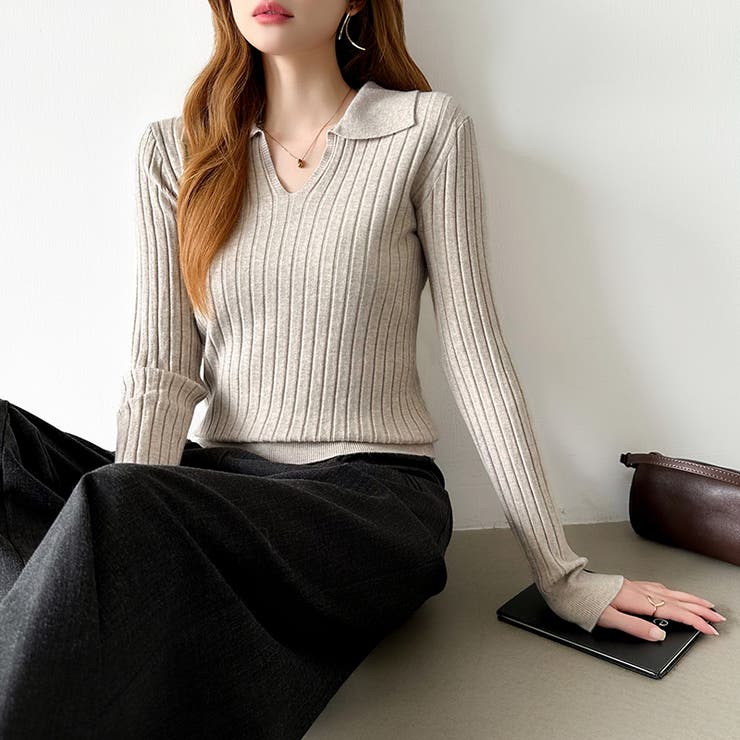 スキッパーニットトップス リブニット 韓国ファッション | COCOMOMO | 詳細画像15 