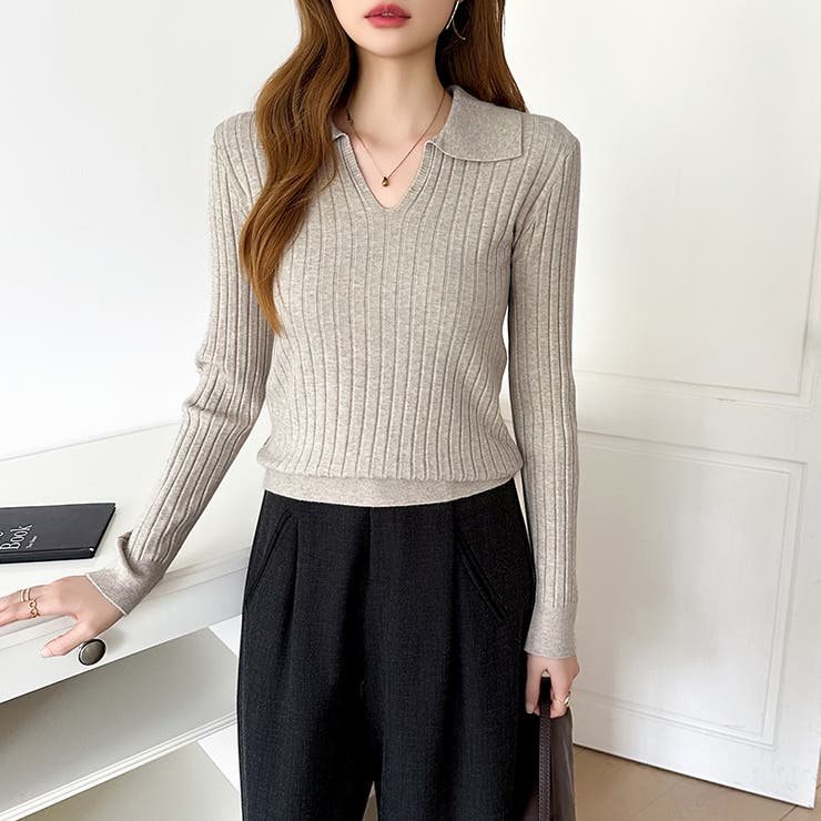 スキッパーニットトップス リブニット 韓国ファッション | COCOMOMO | 詳細画像17 