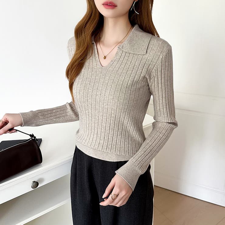 スキッパーニットトップス リブニット 韓国ファッション | COCOMOMO | 詳細画像18 