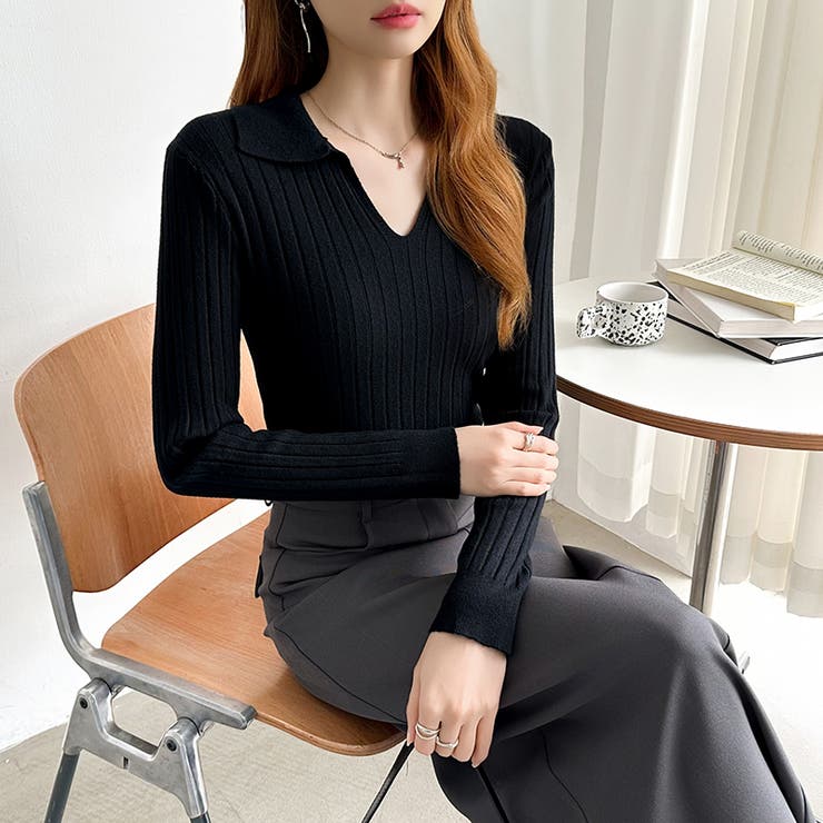 スキッパーニットトップス リブニット 韓国ファッション | COCOMOMO | 詳細画像23 