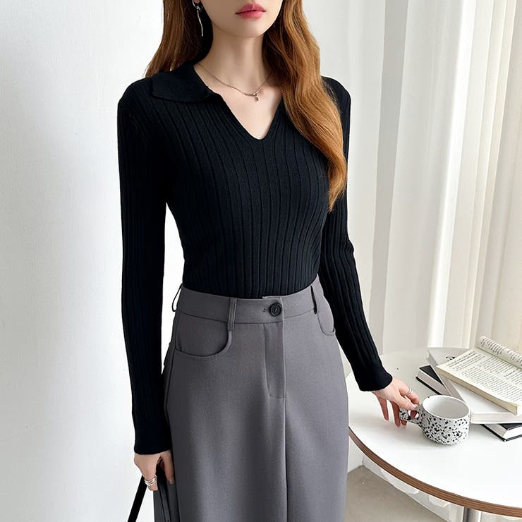 スキッパーニットトップス リブニット 韓国ファッション | COCOMOMO | 詳細画像25 