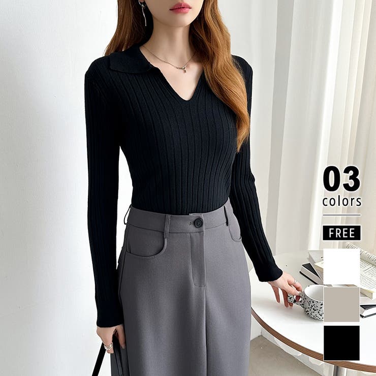 ブラック | スキッパーニットトップス リブニット 韓国ファッション | COCOMOMO