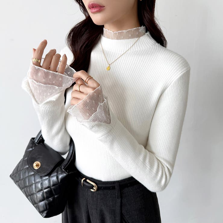 ふわふわ裏起毛 袖レース ハイネックニットトップス | COCOMOMO | 詳細画像2 