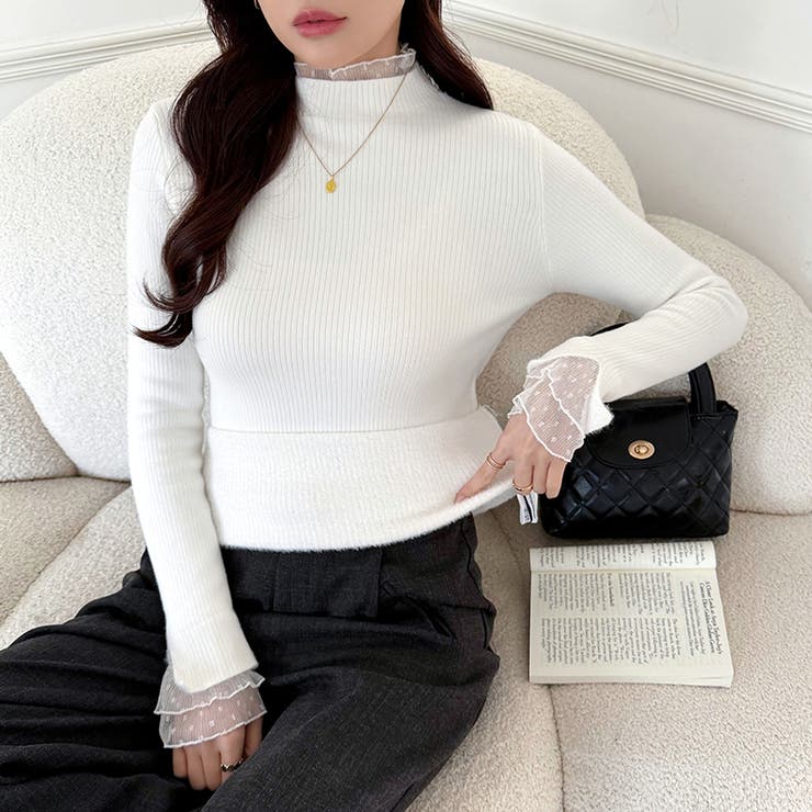 ふわふわ裏起毛 袖レース ハイネックニットトップス | COCOMOMO | 詳細画像7 