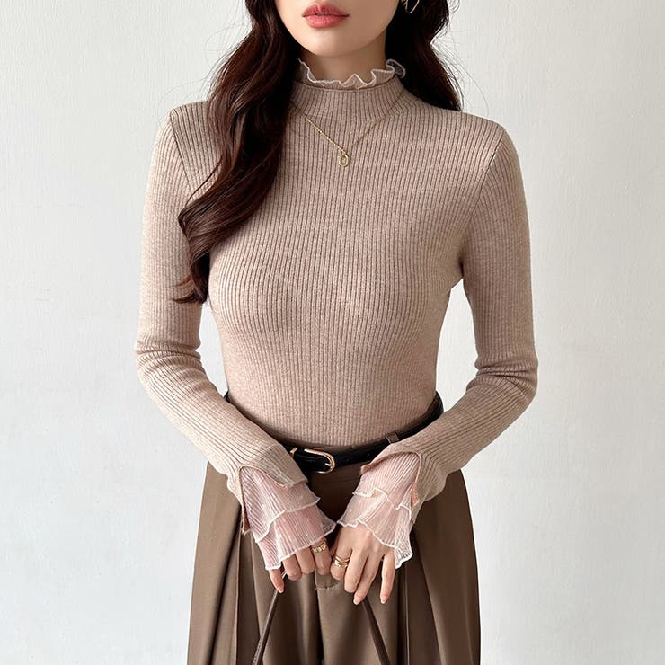 ふわふわ裏起毛 袖レース ハイネックニットトップス | COCOMOMO | 詳細画像9 