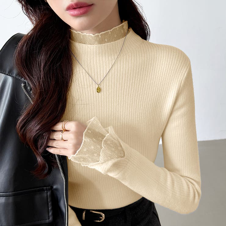 ふわふわ裏起毛 袖レース ハイネックニットトップス | COCOMOMO | 詳細画像20 