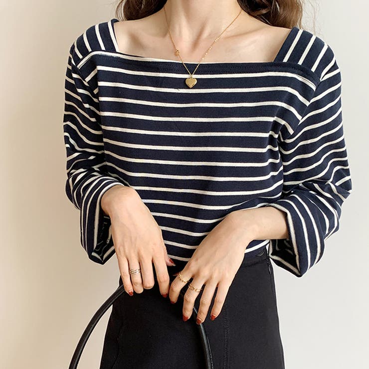 スクエアネックボーダーカットソー ボーダーロンT 長袖トップス | COCOMOMO | 詳細画像12