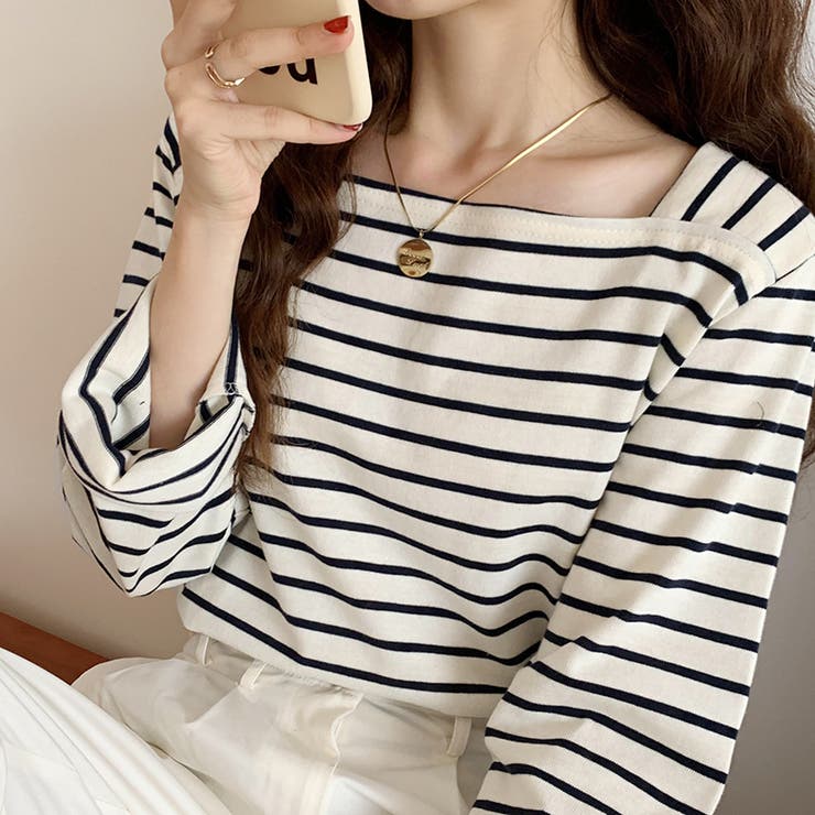 スクエアネックボーダーカットソー ボーダーロンT 長袖トップス | COCOMOMO | 詳細画像2