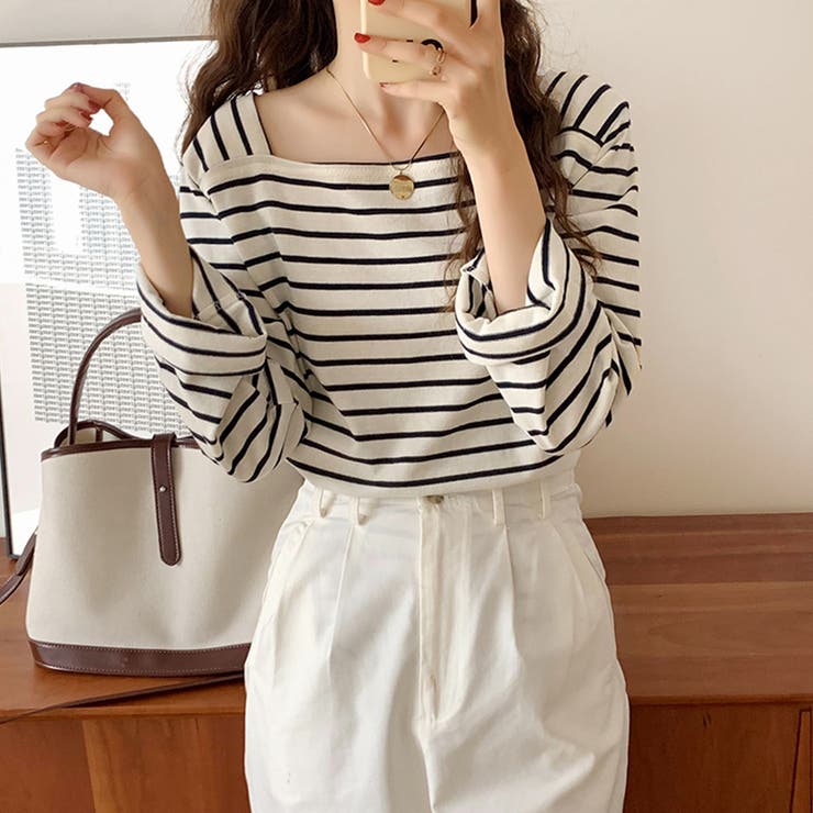 スクエアネックボーダーカットソー ボーダーロンT 長袖トップス | COCOMOMO | 詳細画像4