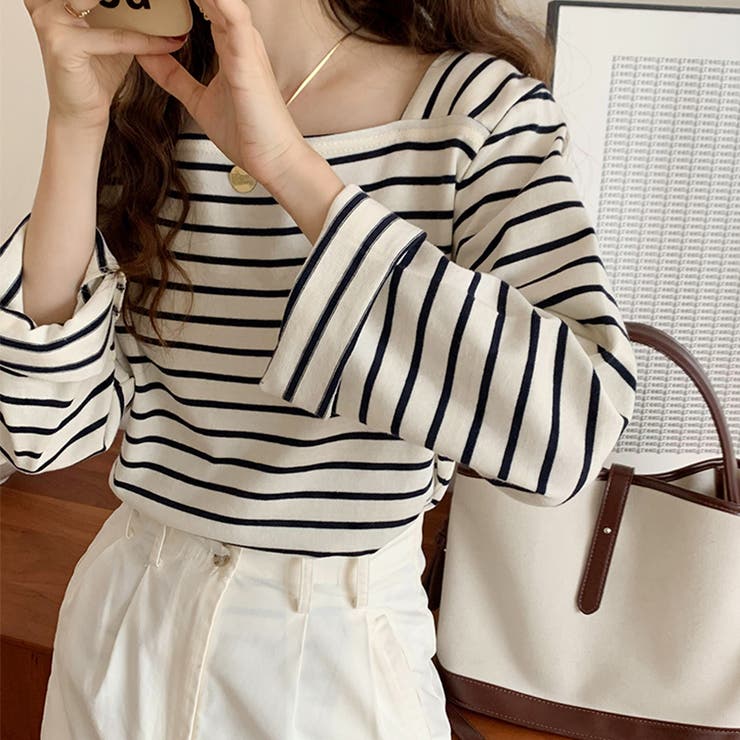 スクエアネックボーダーカットソー ボーダーロンT 長袖トップス | COCOMOMO | 詳細画像5