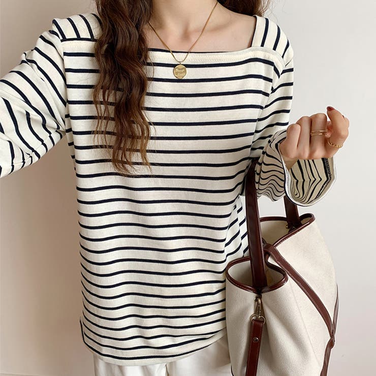 スクエアネックボーダーカットソー ボーダーロンT 長袖トップス | COCOMOMO | 詳細画像6