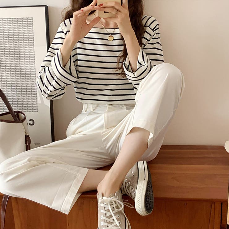 スクエアネックボーダーカットソー ボーダーロンT 長袖トップス | COCOMOMO | 詳細画像9