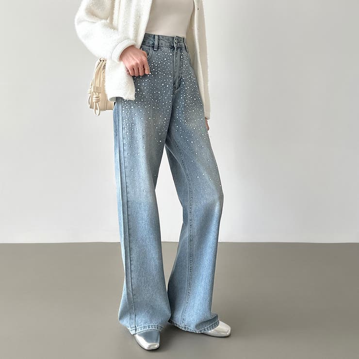 ラインストーンデニム キラキラビジュー付き デニムパンツ[品番