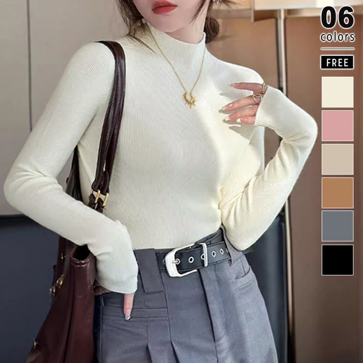 アイボリー | ハイネックニット ニットトップス リブニット | COCOMOMO