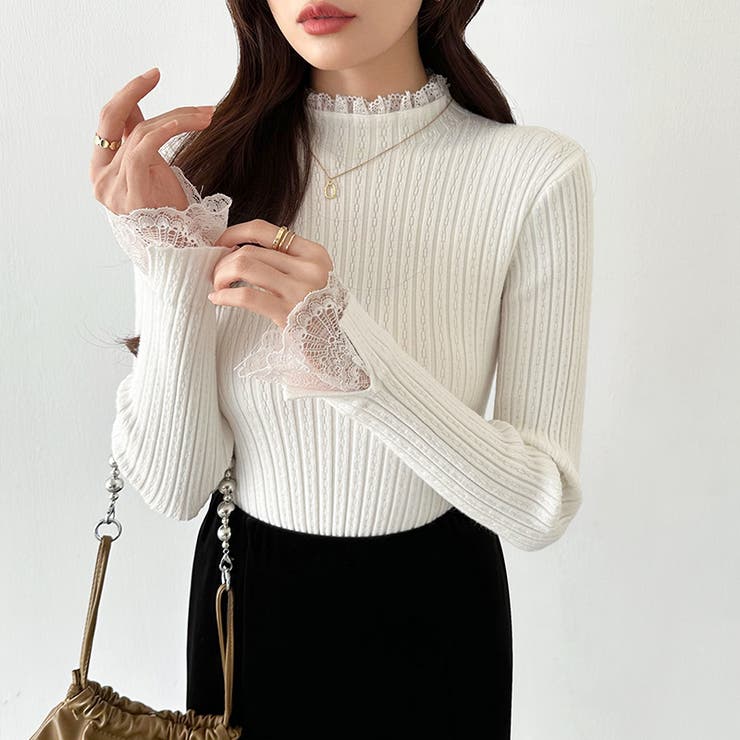 重ね着風レースニット ハイネック 袖レースニット | COCOMOMO | 詳細画像25 