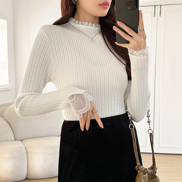 重ね着風レースニット ハイネック 袖レースニット | COCOMOMO | 詳細画像26 