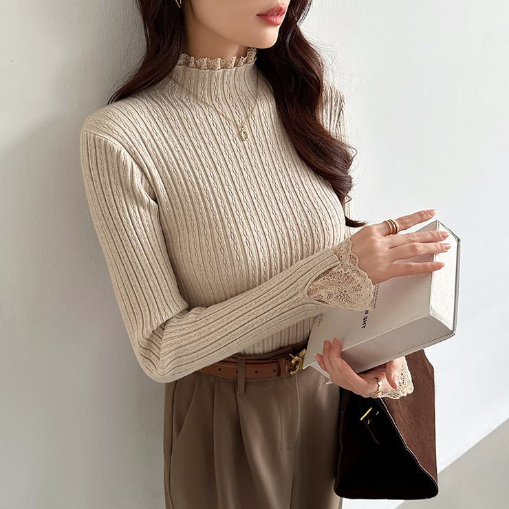 重ね着風レースニット ハイネック 袖レースニット | COCOMOMO | 詳細画像4 