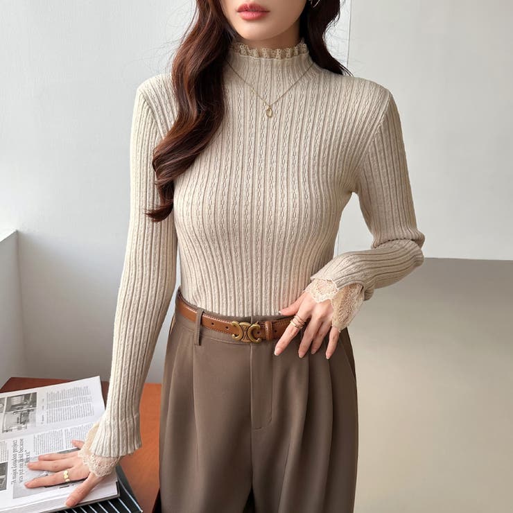 重ね着風レースニット ハイネック 袖レースニット | COCOMOMO | 詳細画像6 