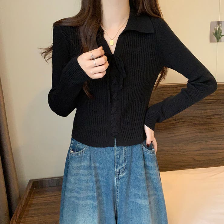 レースアップトップス リブニット 韓国ファッション | COCOMOMO | 詳細画像10 