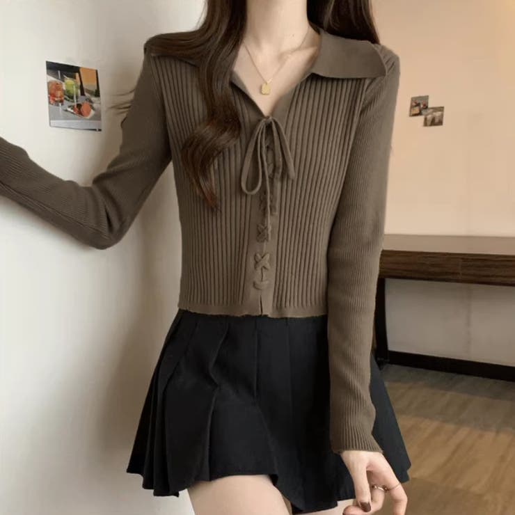 レースアップトップス リブニット 韓国ファッション | COCOMOMO | 詳細画像3 