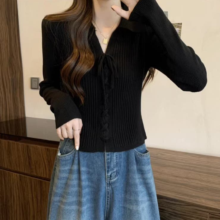 レースアップトップス リブニット 韓国ファッション | COCOMOMO | 詳細画像5 