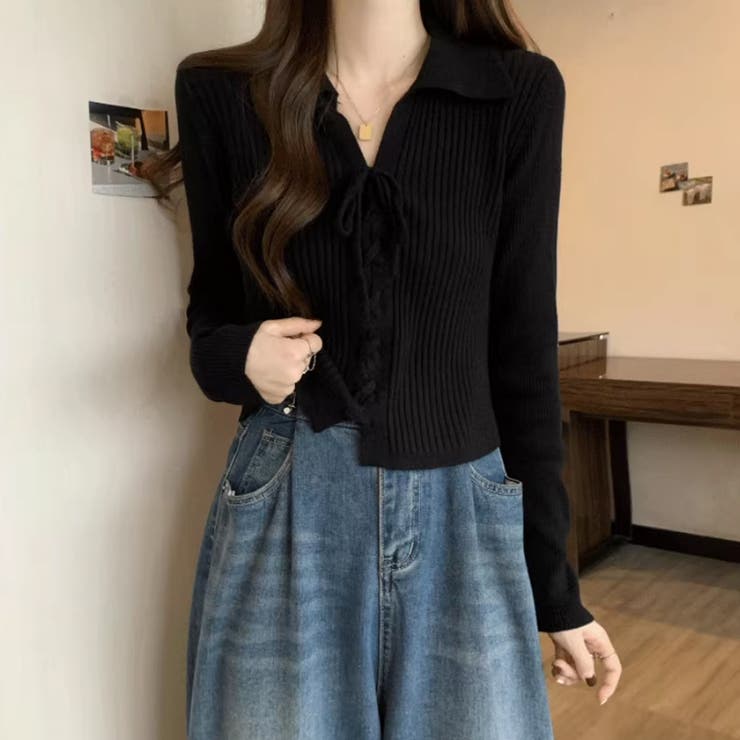 レースアップトップス リブニット 韓国ファッション | COCOMOMO | 詳細画像7 