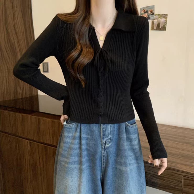 レースアップトップス リブニット 韓国ファッション | COCOMOMO | 詳細画像8 