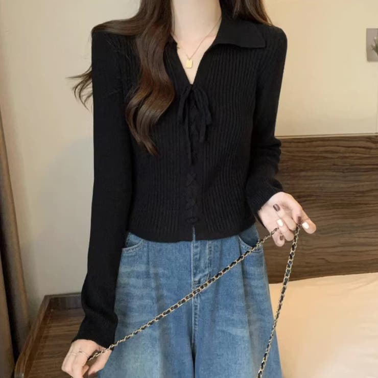 レースアップトップス リブニット 韓国ファッション | COCOMOMO | 詳細画像9 