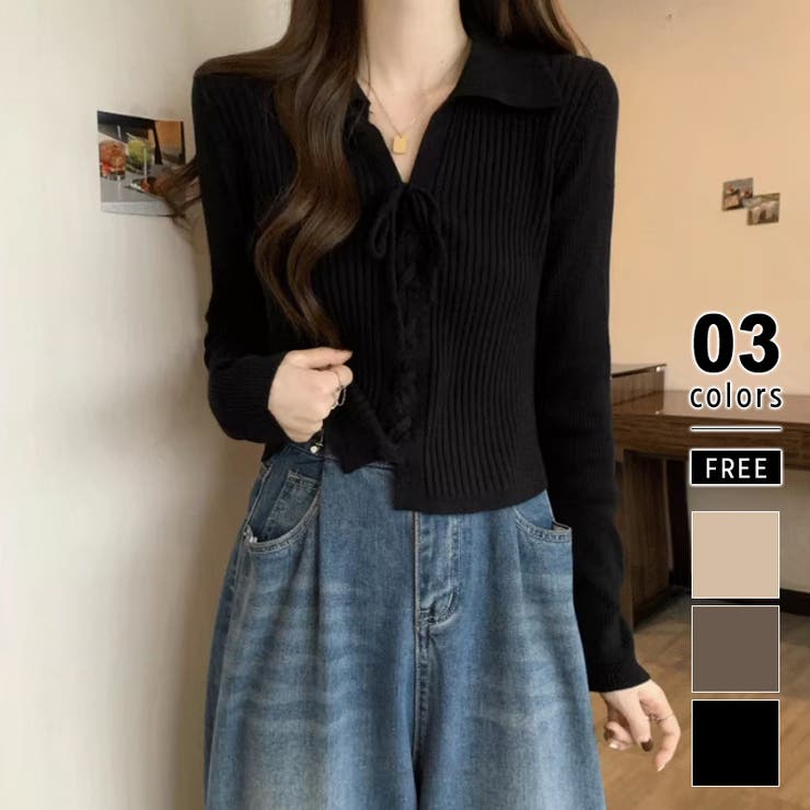 ブラック | レースアップトップス リブニット 韓国ファッション | COCOMOMO