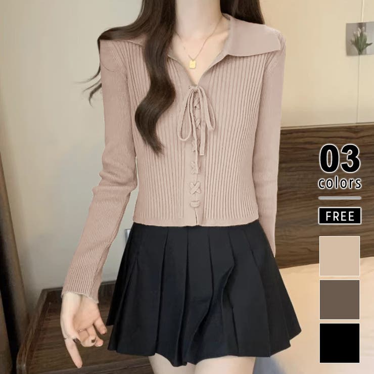 ライトブラウン | レースアップトップス リブニット 韓国ファッション | COCOMOMO
