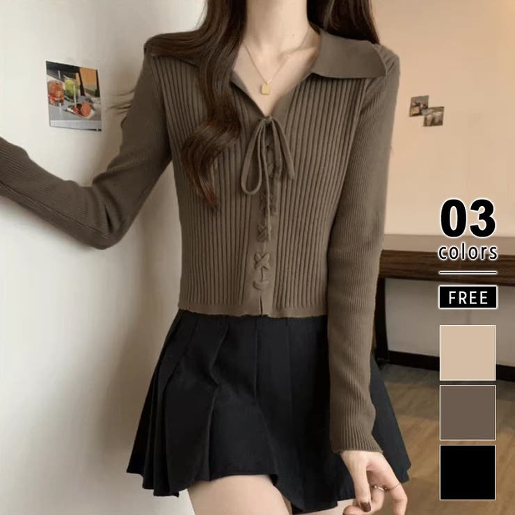 ダークブラウン | レースアップトップス リブニット 韓国ファッション | COCOMOMO