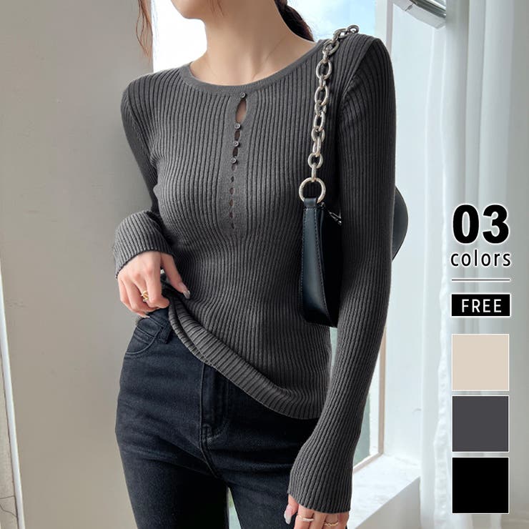 [韓国] シャツワンピース リブニット ボタン スリット 全2color フロントボタンニット リブニット 韓国ファッション[品番
