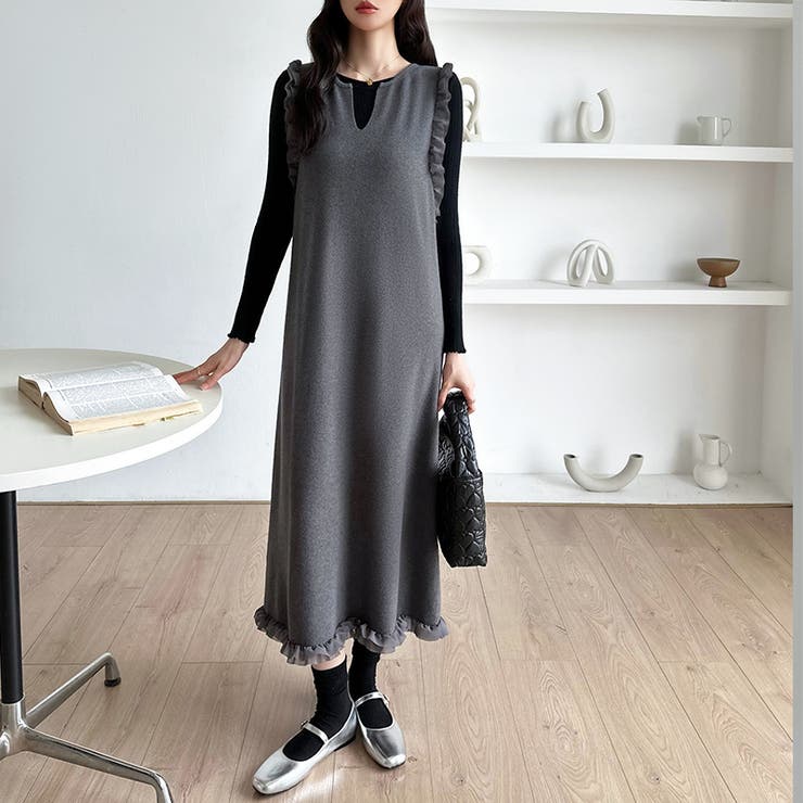 ジャンパースカート ショルダーフリル ニットワンピース | COCOMOMO | 詳細画像12 