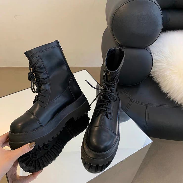 厚底ブーツ レースアップショートブーツ トラックソール[品番