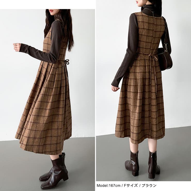 ジャンパースカート チェックワンピース ノースリーブワンピース[品番