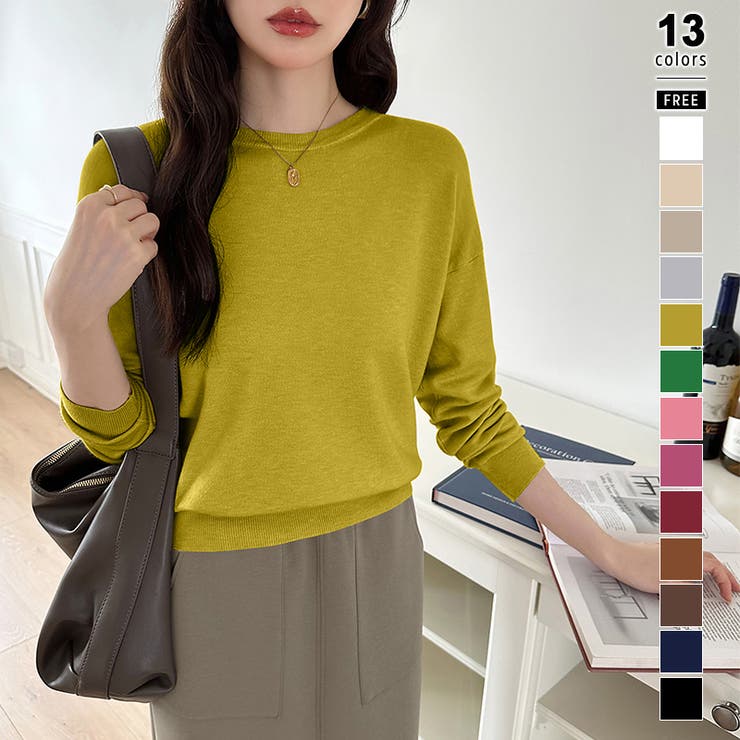 イエロー.グリーン | オンオフ使える着回しニット クルーネックニット ヤク風ニット | COCOMOMO