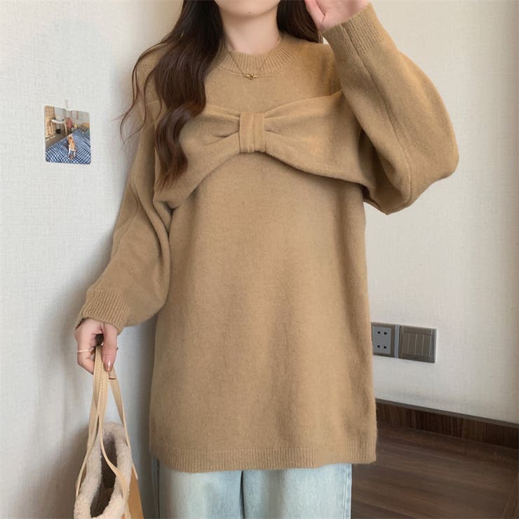 リボンニットセーター 肩あきニット カットアウトトップス[品番 リボンニットセーター 肩あきニット カットアウトトップス[品番