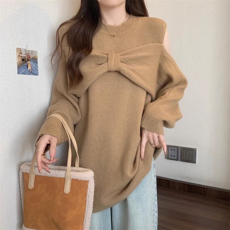 リボンニットセーター 肩あきニット カットアウトトップス[品番
