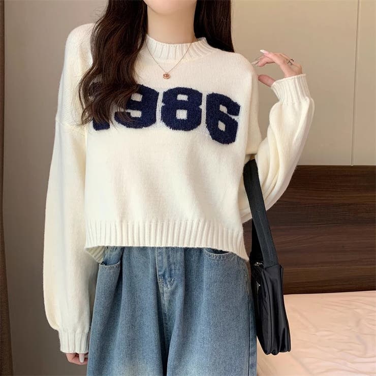 ナンバーロゴセーター ショート丈ニット 韓国ファッション[品番
