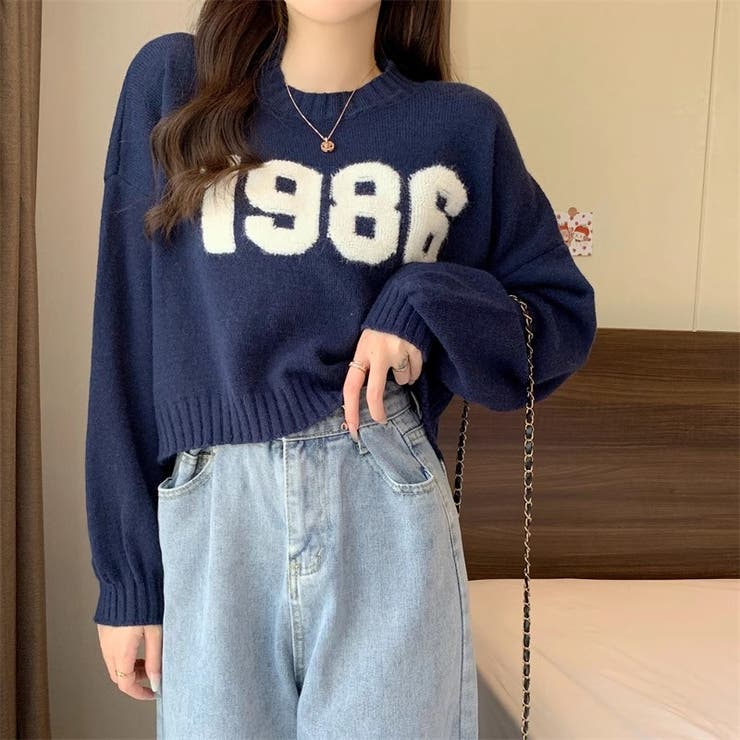 ナンバーロゴセーター ショート丈ニット 韓国ファッション[品番