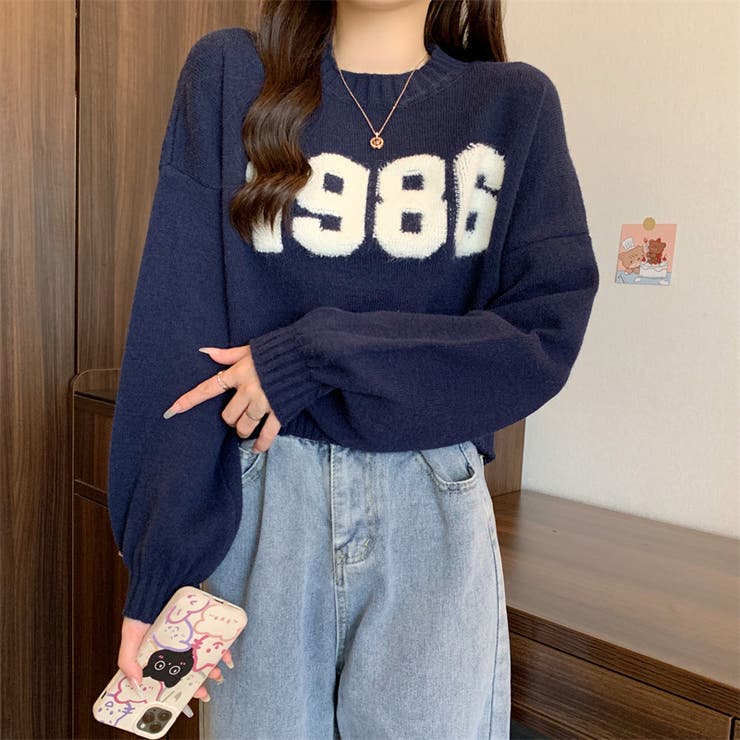 ナンバーロゴセーター ショート丈ニット 韓国ファッション[品番