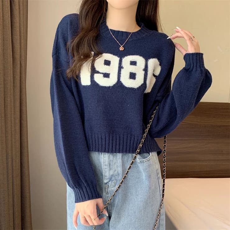 ナンバーロゴセーター ショート丈ニット 韓国ファッション[品番