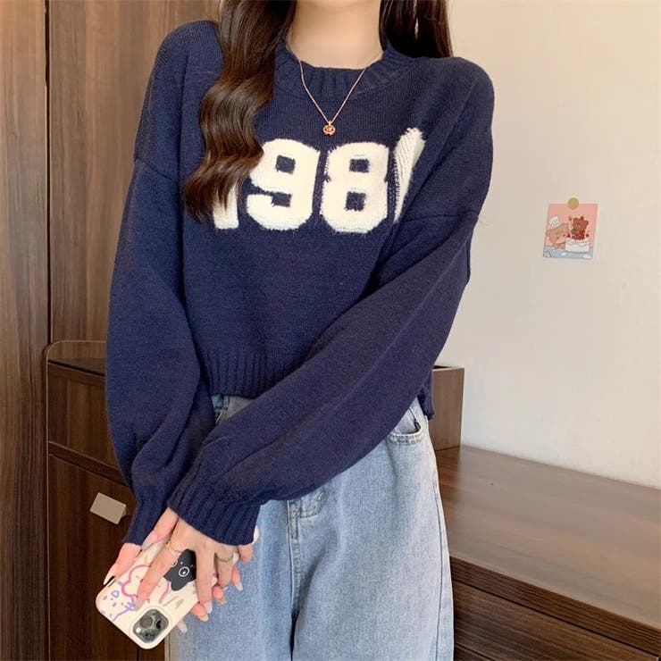 ナンバーロゴセーター ショート丈ニット 韓国ファッション[品番