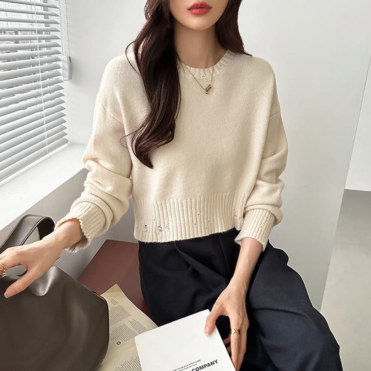 クルーネックショートニット ダメージ加工 ショート丈トップス | COCOMOMO | 詳細画像35 