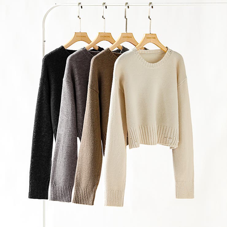 クルーネックショートニット ダメージ加工 ショート丈トップス | COCOMOMO | 詳細画像37 