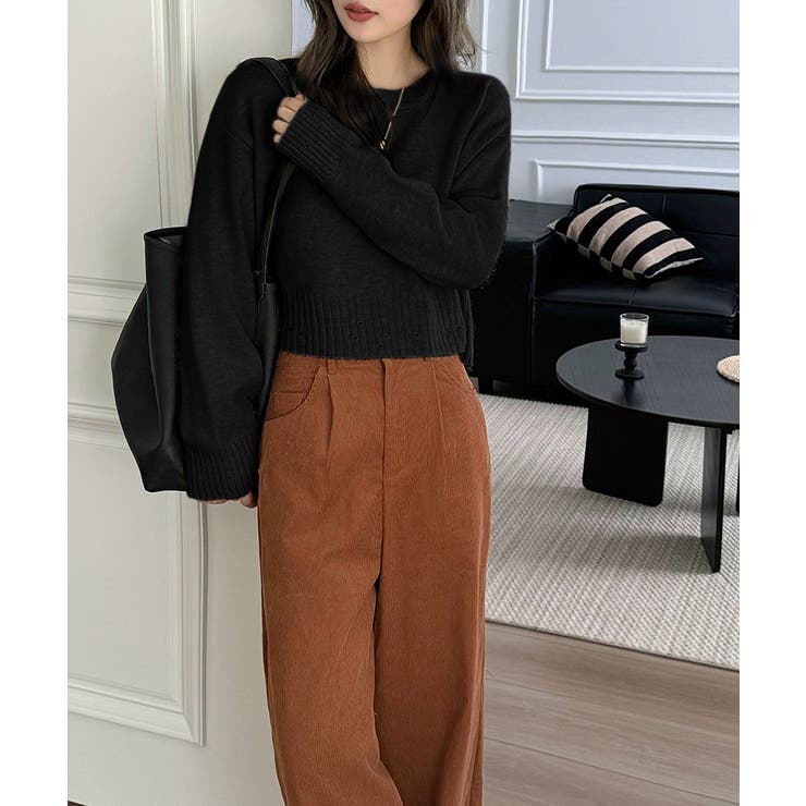 クルーネックショートニット ダメージ加工 ショート丈トップス | COCOMOMO | 詳細画像11 