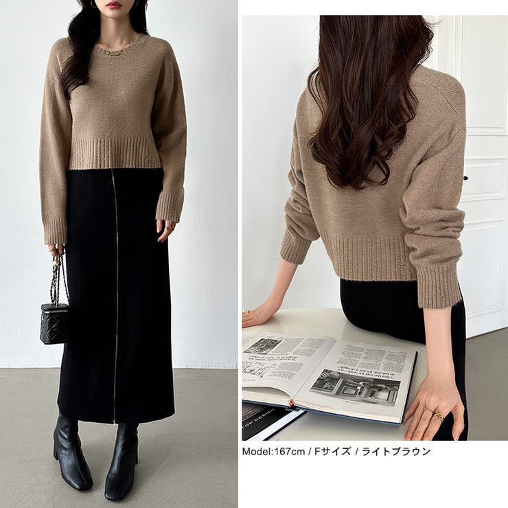 クルーネックショートニット ダメージ加工 ショート丈トップス | COCOMOMO | 詳細画像15 